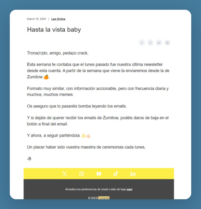 email despedida Tronando antes del traspaso a Zumitow